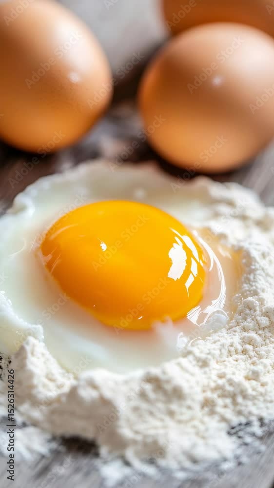 Poster vibrant egg yolk sits nestled in a bed of white flour, ready for baking, with three whole brown eggs
