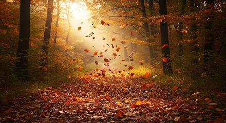 Autumn leaves fall on the silent forest path. 