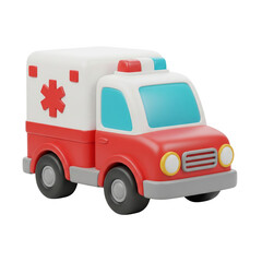 A cartoonish red and white ambulance with a blue light isolated on transparent background