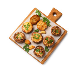 Delicious stuffed mushrooms with melted cheese, garlic and parsley isolated on white, top view