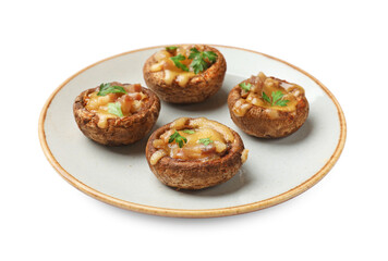 Delicious stuffed mushrooms with melted cheese and parsley isolated on white