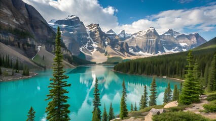 lake in the mountains, green water, clouds, te