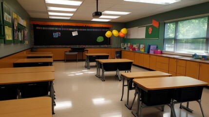 bright elementary classroom with small desks, cheerful decorations, books and supplies