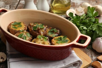 Delicious stuffed mushrooms with melted cheese and parsley in baking dish on color wooden table, closeup