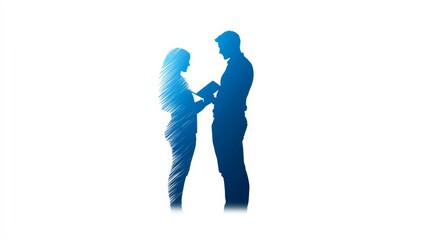 businessman and woman with tablet in office, standing near window with natural light, business casual attire, focused expressions,