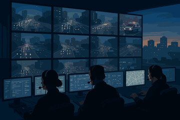 Emergency dispatch team in a traffic control room monitoring city highway surveillance. Operators at computers in a command center track an ambulance on CCTV screens at night.
