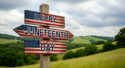 Happy juneteenth day celebration with american flag signpost and green hills in the background image