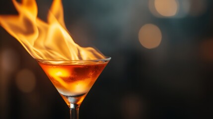 close-up of cocktail being flamed, intense focus, low light mood, high contrast