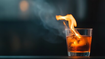 close-up of cocktail being flamed, intense focus, low light mood, high contrast