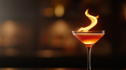 close-up of cocktail being flamed, intense focus, low light mood, high contrast