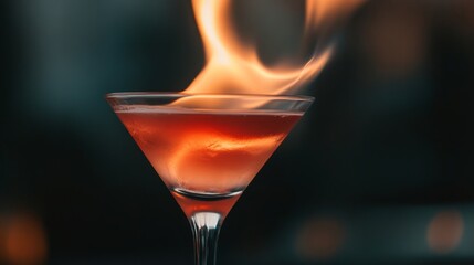 close-up of cocktail being flamed, intense focus, low light mood, high contrast