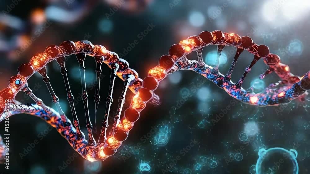 Poster a glowing 3d illustration of a dna double helix strand, highlighting its molecular structure against