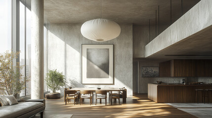 modern dining area with high ceilings, large windows, and elegant decor creates serene