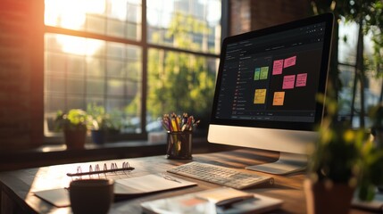 creative workspace with computer showing ad campaign dashboard, post-it notes, and planner