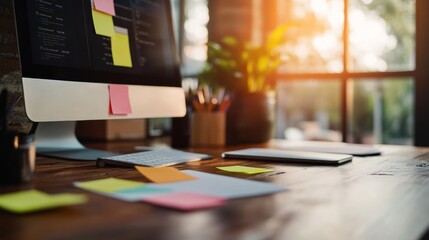 creative workspace with computer showing ad campaign dashboard, post-it notes, and planner