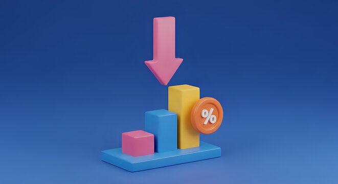 Understanding percentage decrease concept with bar graph and arrow down for finance and business analysis