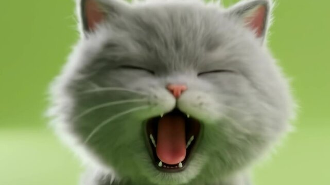Close-Up of Grey Cat Yawning on Green Background