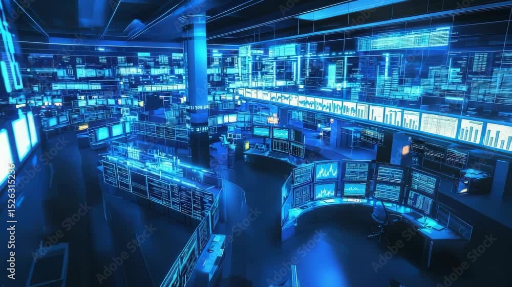 Poster A futuristic control room filled with multiple glowing blue screens displaying data, charts, and analytics in a high-tech environment.
