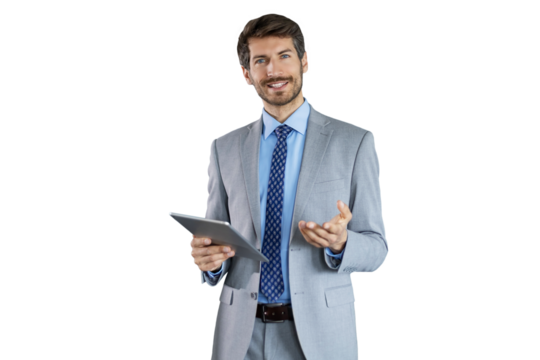 Smiling handsome businessman manager standing on a transparent background with tablet computer