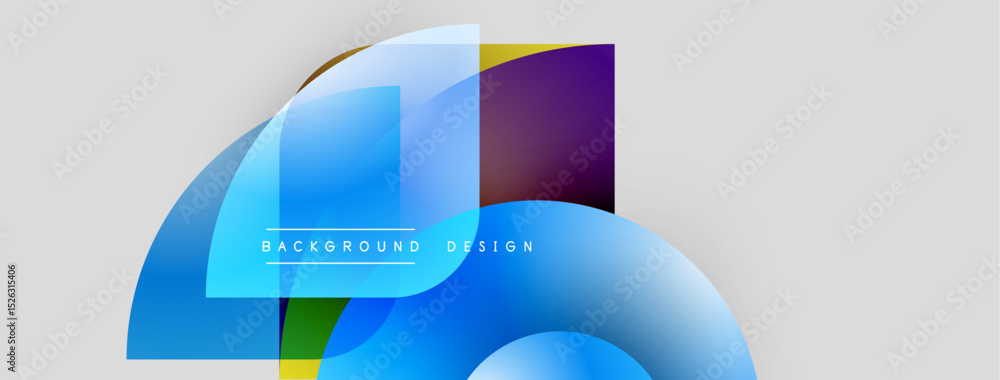 Poster Abstract shapes overlap, creating vibrant color gradients. Modern design elements suggest dynamic movement, smooth transitions. Background is light gray.