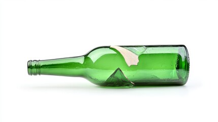 Broken green beer bottle displayed on a clean white background.