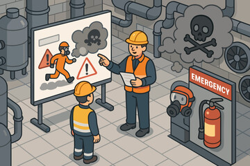 Industrial safety training concept. Supervisor explains hazardous material risks to an employee. Workplace safety briefing with PPE, emergency equipment, and evacuation plan.