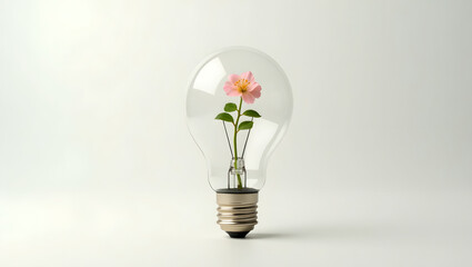 Flowering plant growing inside transparent light bulb concept.