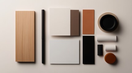 flat lay of printed logo samples, color swatches, and branding toolkit