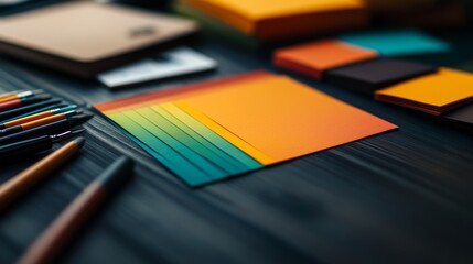 flat lay of printed logo samples, color swatches, and branding toolkit