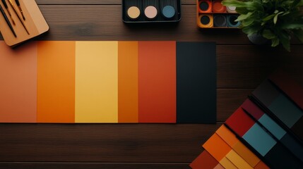 flat lay of printed logo samples, color swatches, and branding toolkit