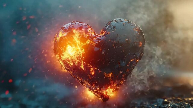 A glowing, fiery heart made of cracked glass appears to be burning intensely amidst flying sparks and embers.
