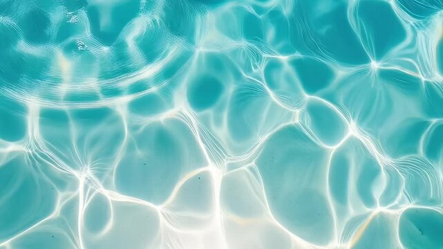 Sunlight creating hypnotic caustics pattern under clear turquoise water surface creating abstract textures and shapes in a swimming pool.