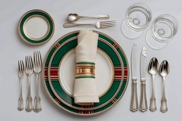Formal table setting with green gold trimmed fine china plates sterling silver flatware crystal glasses and linen napkin on white background for luxury dining.
