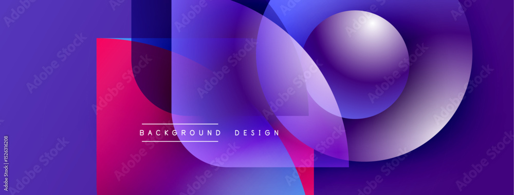 Poster Abstract purple design features overlapping circles, squares. Gradient colors create dynamic visual effect. Text reads background design.
