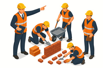 Isometric construction team with foreman leading builders. Vector illustration of workers building a brick wall. Concept of teamwork, leadership, and real estate development.