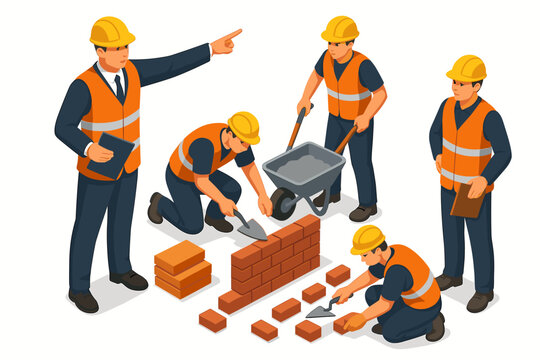 Isometric construction team with foreman leading builders. Vector illustration of workers building a brick wall. Concept of teamwork, leadership, and real estate development.