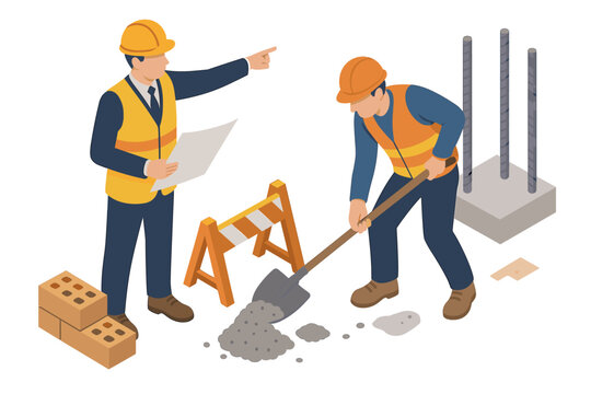 Isometric construction team concept. Engineer manager with blueprint gives instructions to a worker. Builder with shovel on a building site. Industry teamwork, leadership, architecture.
