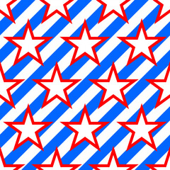 Bright red stars on blue and white striped background. Seamless pattern, print, wallpaper, vector illustration