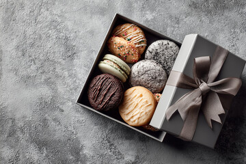 Fototapeta premium Stylized flat lay of artisan cookies in a gift box with ribbon, grey stone background, premium lifestyle look