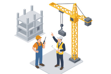 Isometric construction site teamwork concept. Engineer or architect with blueprints supervising a builder with walkie-talkie. Tower crane lifting block for building development.