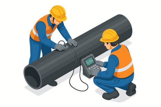 Ultrasonic testing of pipe weld. Two engineers use a flaw detector for non-destructive inspection. Industrial pipeline quality control concept. Isometric vector illustration.