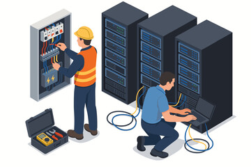Isometric data center scene. IT specialist engineer configuring server rack with laptop. Electrician technician performs maintenance on an electrical panel. Network administration concept.