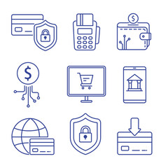 A clean, minimal line-style icon set featuring online payment, e-wallets, secure transactions, fintech, and digital banking symbols, ideal for finance and tech interfaces.