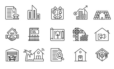 Vector icon set of real estate, property and housing concepts including homes, buildings and agents for business