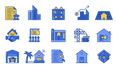 set of real estate icons buying, selling, and constructing homes, such as contracts, houses for sale, construction cranes, blueprints, real estate icon collection