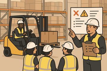 Forklift safety training session in a warehouse. Supervisor explaining occupational health regulations and rules to diverse workers. Logistics and operator education concept vector.