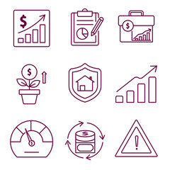 minimalist line-style finance icon set featuring economic growth, financial reports, investment protection, savings, credit score, data flow, and financial risks."