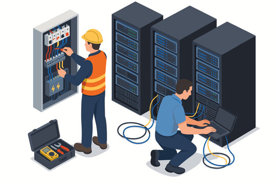 Isometric data center scene. IT specialist engineer configuring server rack with laptop. Electrician technician performs maintenance on an electrical panel. Network administration concept.