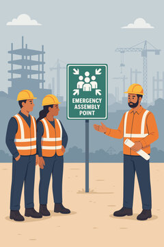 Safety briefing at construction site. Supervisor explaining emergency assembly point to workers. Workplace health and safety training. Evacuation procedure and muster point sign.