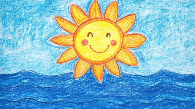 Child's drawing of sun over water